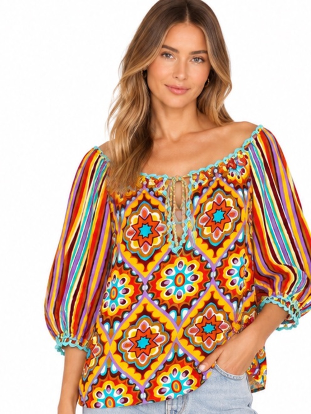 Panaji Boho Retro Print Peasant Blouse Size Medium Colorful Festival Top